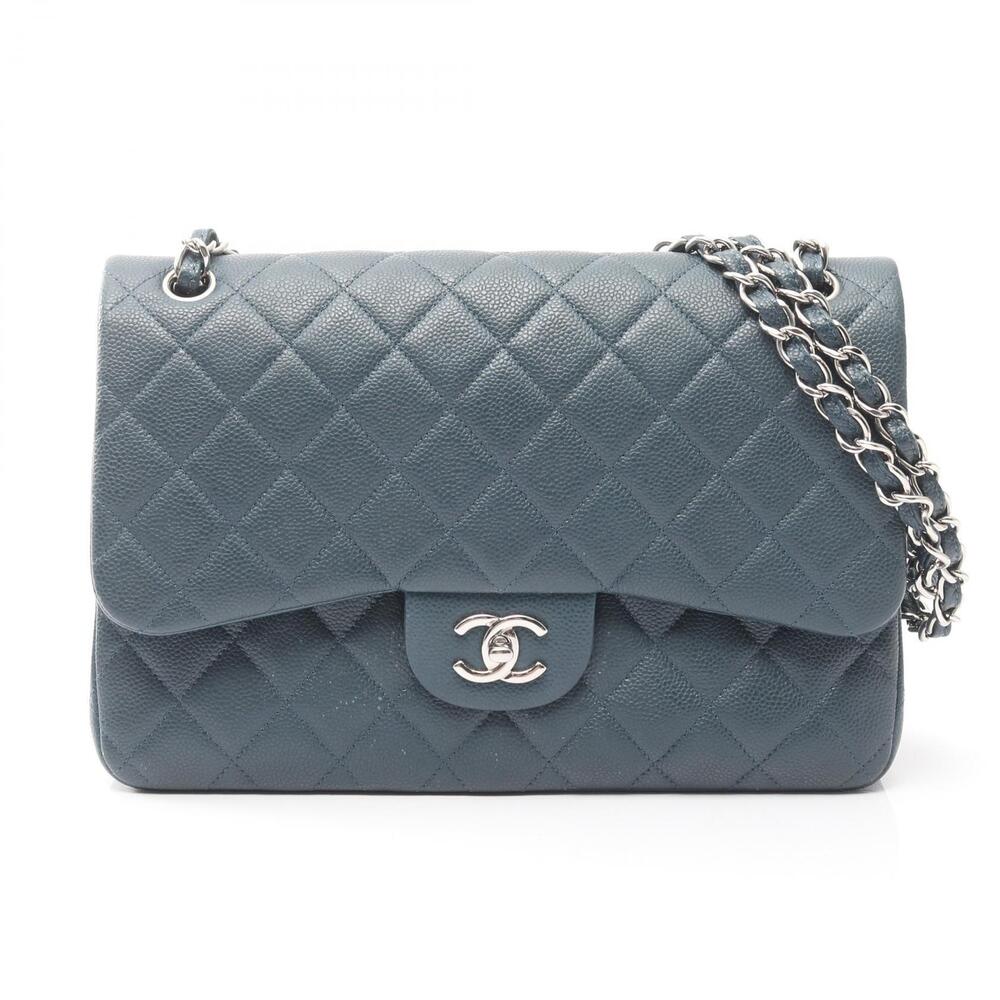 Chanel Double Flap Shoulder Bag Caviar Leather Grained Calfskin Blue